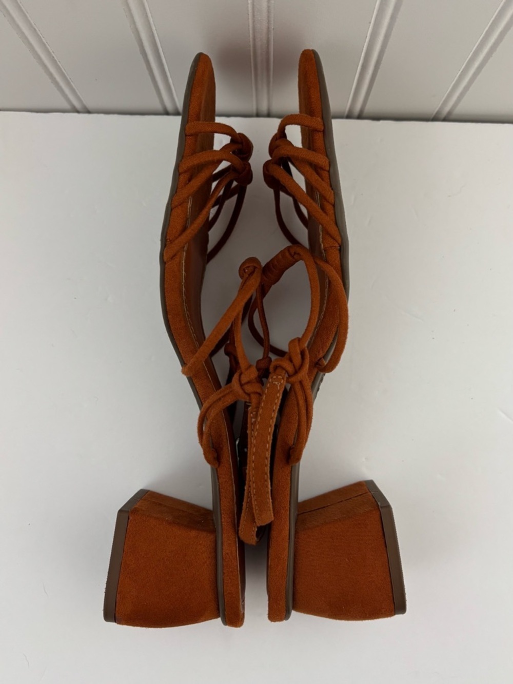 Via Mia Strappy Block Heel Suede Rust Brown Sandals Square Toe Ankle Strap 8.5 - Picture 11 of 14